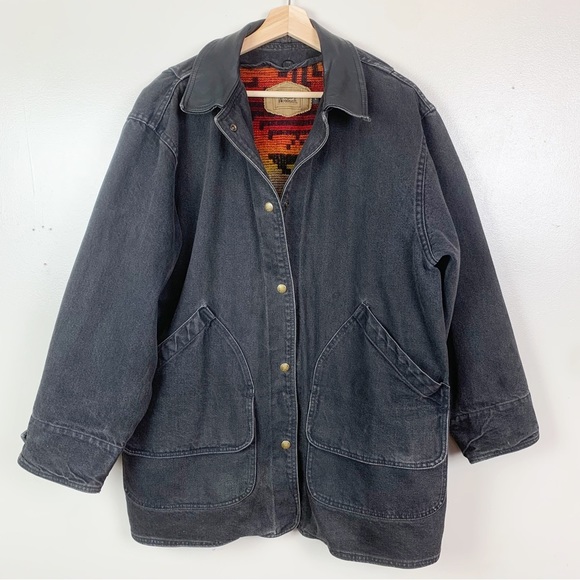 VINTAGE WOOLRICH Black Denim Jacket Serape Aztec Wool Lining Faded Distressed L - Picture 1 of 13